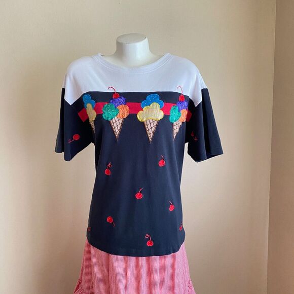 Vintage Bechamel L Blouse with Ice Cream Cones and Cherries Embroidered Beaded - Picture 1 of 10